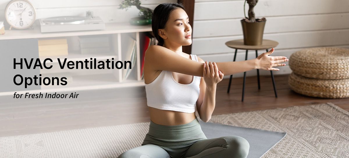 Woman stretching on yoga mat in living room. 